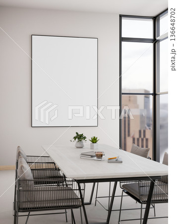 Blank frame on wall and white table in living room or dining room with city view outside the window. 136648702