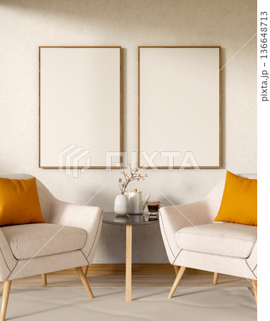 Blank frame on wall over white sofa chair with coffee and vase on glass table in living room or cafe Blank frame on wall over white sofa chair with coffee and vase on glass table in living room or cafe 136648713