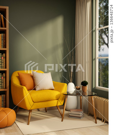Yellow sofa chair with glass table aside bookshelf and pumpkin stool with sunlight through window. Yellow sofa chair with glass table aside bookshelf and pumpkin stool with sunlight through window. 136648714