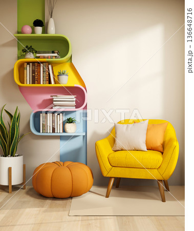 Colorful bookshelf on wall over pumpkin stool and yellow sofa on wooden floor in living room or cafe Colorful bookshelf on wall over pumpkin stool and yellow sofa on wooden floor in living room or cafe 136648716