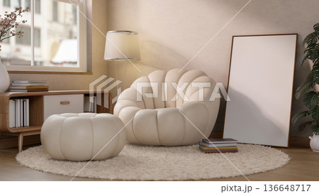 Sofa couch and stool chair with frame canvas on carpet floor aside table and window in a living room Sofa couch and stool chair with frame canvas on carpet floor aside table and window in a living room 136648717
