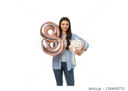Young woman celebrates Women's Day with gifts, isolated, PNG Young woman celebrates Women's Day with gifts, isolated, PNG 136648752