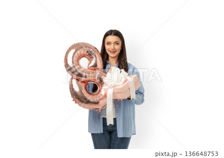 Women's Day celebration with gifts and balloons, isolated, PNG Women's Day celebration with gifts and balloons, isolated, PNG 136648753