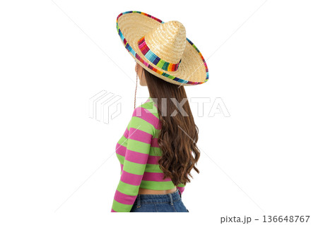 Woman wearing a sombrero showcasing festive vibes, isolated, PNG Woman wearing a sombrero showcasing festive vibes, isolated, PNG 136648767