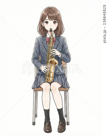 椅子に座ってアルトサックスを吹く女子高生 136648828