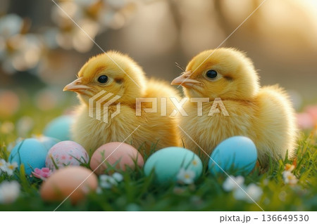 Two yellow Easter chicks on green grass among pastel eggs and tiny blossoms Two yellow Easter chicks on green grass among pastel eggs and tiny blossoms 136649530