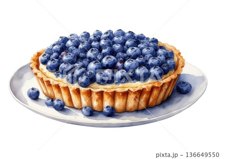 Watercolor blueberry tart with fresh berries on a white plate 136649550