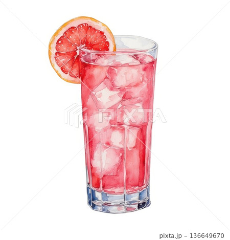 Refreshing watercolor illustration of a grapefruit cocktail with ice cubes in a tall glass, garnished with a citrus slice. 136649670