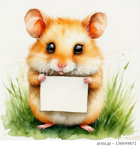 Cute watercolor hamster with big eyes holding a blank sign, sitting on green grass. Adorable animal illustration, isolated on white, perfect for card, kids, or design. Cute watercolor hamster with big eyes holding a blank sign, sitting on green grass. Adorable animal illustration, isolated on white, perfect for card, kids, or design. 136649671