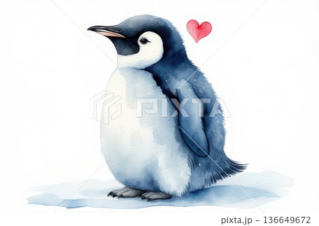 Watercolor baby penguin with a red heart, standing on ice. Cute animal illustration, isolated on white, perfect for card, children, love, or winter design. Watercolor baby penguin with a red heart, standing on ice. Cute animal illustration, isolated on white, perfect for card, children, love, or winter design. 136649672
