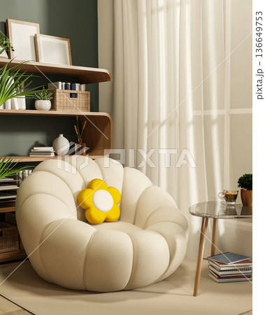 White sofa and flower cushion with coffee table on carpet floor aside bookshelf and window curtain. 136649753