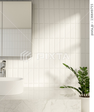 White marble sink counter table under mirror aside houseplant in bathroom with sunlight on tile wall 136649755
