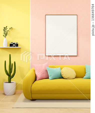 Frame over sofa with colorful cushion aside cactus under shelf in pink and yellow wall living room. Frame over sofa with colorful cushion aside cactus under shelf in pink and yellow wall living room. 136649764