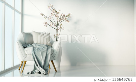 Sofa chair with cushion and blanket aside window wall and sakura cherry blossom vase on shiny floor Sofa chair with cushion and blanket aside window wall and sakura cherry blossom vase on shiny floor 136649765