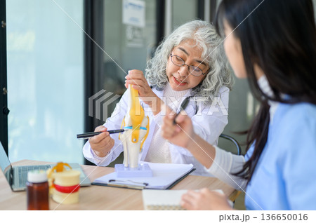 Old asian woman physician talking teaching on bone model with young doctor taking note at exam table Old asian woman physician talking teaching on bone model with young doctor taking note at exam table 136650016