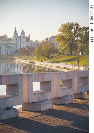 Svisloch River in the center of Minsk, view of the Holy Spirit Cathedral. Belarus 136650135