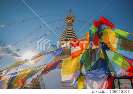 Buddha Stupa in Kathmandu. Buddhist flags 136650168
