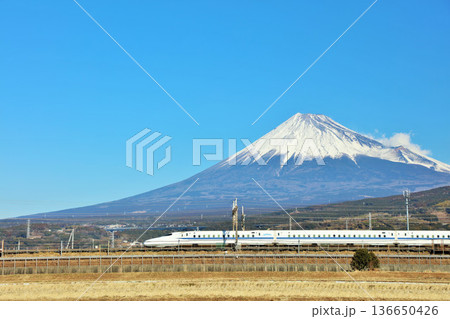 静岡県 青空の富士山と新幹線 静岡県 青空の富士山と新幹線 136650426