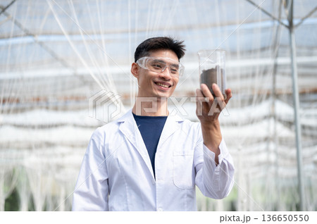 Asian agricultural scientist man holding beaker looking at plant soil as working in greenhouse farm. Asian agricultural scientist man holding beaker looking at plant soil as working in greenhouse farm. 136650550
