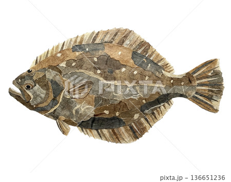 和紙で表現したヒラメの切り絵コラージュ 136651236