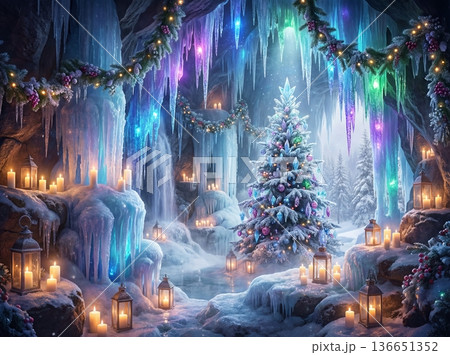 Christmas Ice Cave Fantasy with Decorated Tree and Glowing Candles 136651352