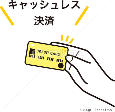 キャッシュレス決済のタイトル入りイラスト。クレジットカードをかざす手、非接触決済のイメージ 136651709