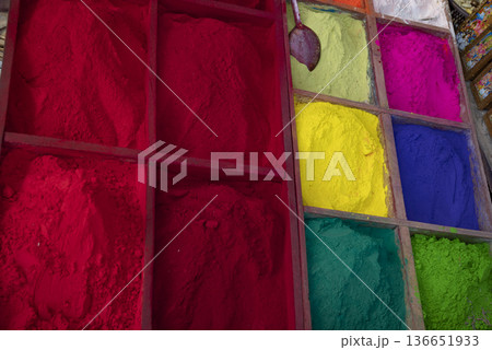 red and yellow, green, blue dry paint for holi 136651933