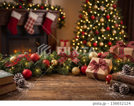 Christmas background with gifts and decorations on wooden table featuring fireplace and tree Christmas background with gifts and decorations on wooden table featuring fireplace and tree 136652124