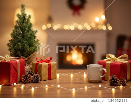 Christmas gifts and mug on wooden table against cozy fireplace background 136652151