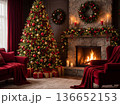 Christmas living room interior with decorated tree and burning fireplace 136652153