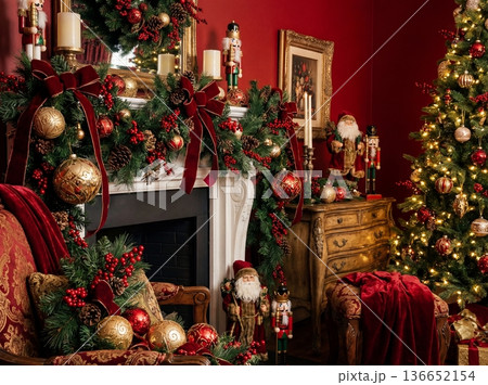 Christmas living room decoration with fireplace nutcrackers santa claus and tree in red and gold luxury style 136652154