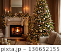 Christmas living room interior featuring decorated tree and cozy fireplace 136652155