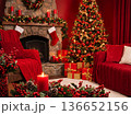 Christmas living room interior with decorated tree fireplace and red furniture 136652156