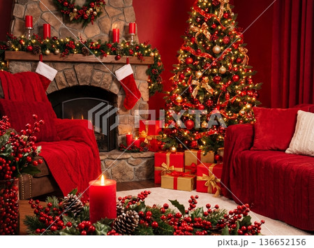 Christmas living room interior with decorated tree fireplace and red furniture 136652156
