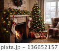 Christmas cozy living room interior with decorated tree fireplace and gifts 136652157