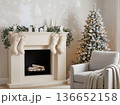 Christmas living room interior with white fireplace stockings and flocked tree 136652158