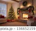 Christmas living room interior with decorated tree stone fireplace and gifts 136652159