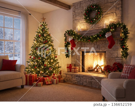Christmas living room interior with decorated tree stone fireplace and gifts 136652159