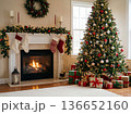Christmas living room interior with decorated tree, gifts, and cozy fireplace 136652160