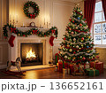 Christmas living room interior with decorated tree fireplace and gifts 136652161