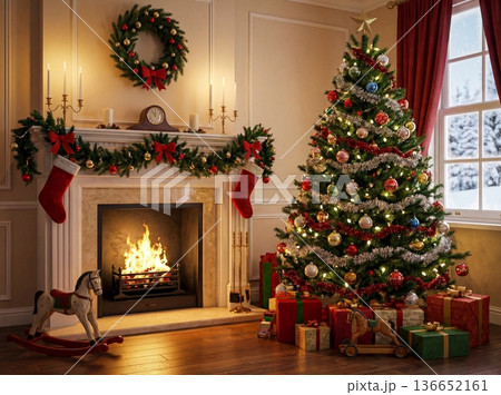 Christmas living room interior with decorated tree fireplace and gifts 136652161