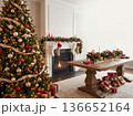 Christmas living room interior with decorated tree fireplace and gifts on wooden table 136652164