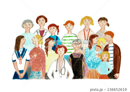 医師と家族が支えあう人物集合 手描きイラスト 医師と家族が支えあう人物集合 手描きイラスト 136652619