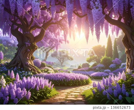 メルヘンな藤の花とライラック咲く幻想的な花畑の風景・春の庭園イメージ 136652673
