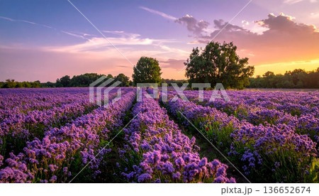 夕焼け空とライラック満開の花畑・幻想的な夕暮れ時の自然風景写真 136652674