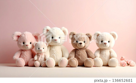 メルヘン調の可愛いテディベアが並ぶピンク背景・ぬいぐるみデザイン素材 136652681