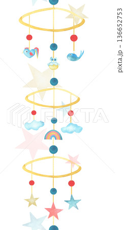 Seamless border vertical hand drawn watercolor cartoon illustration. Baby cradle Mobile with cloud, rainbow and stars isolated from background. For baby shower, posters, invitations, scrapbooking Seamless border vertical hand drawn watercolor cartoon illustration. Baby cradle Mobile with cloud, rainbow and stars isolated from background. For baby shower, posters, invitations, scrapbooking 136652753