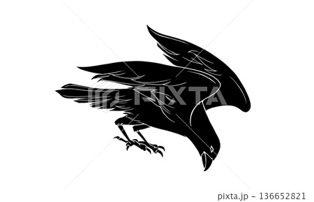 羽を広げたカラスの白黒イラスト（白のアウトラインあり） 136652821