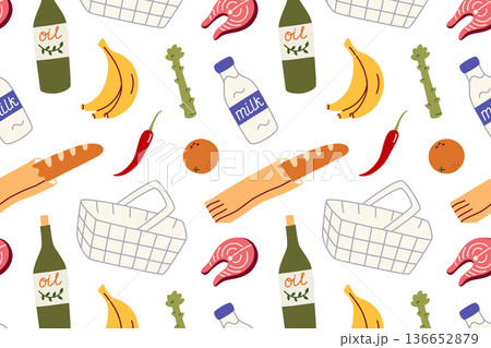 Seamless pattern with grocery items. Shopping basket, fresh food, bananas, bread, milk, salmon, vegetables. Flat vector illustration in cartoon style for retail, supermarket design, culinary themes 136652879