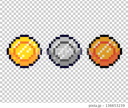 Pixel art gold, silver, and bronze coins arranged side by side Pixel art gold, silver, and bronze coins arranged side by side 136653239